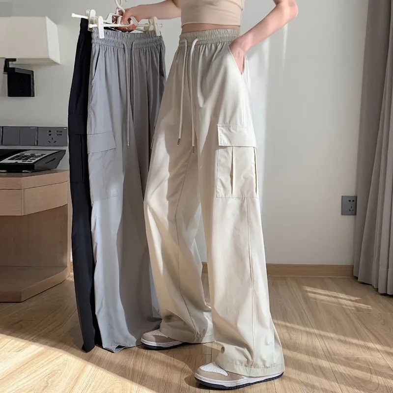 美式工装裤女夏季薄款高腰直筒裤原宿风宽松显瘦休闲阔腿裤新款潮