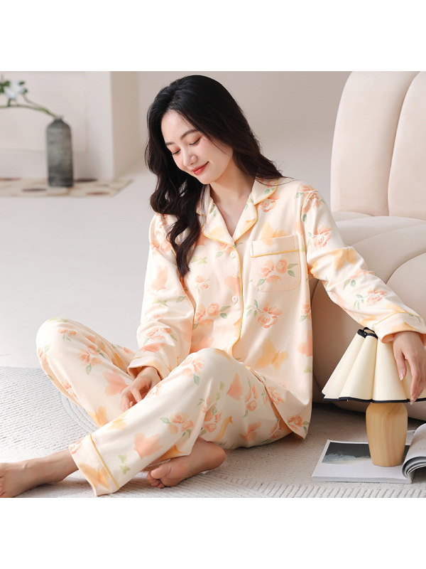 春秋季新款长袖开衫家居服棉质睡衣女款休闲宽松翻领两件套可外穿
