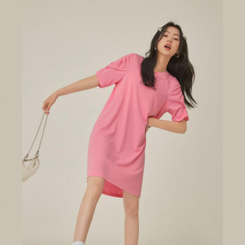 othermix字母印花连衣裙2021年夏季新款潮流宽松抽褶短袖女裙子潮