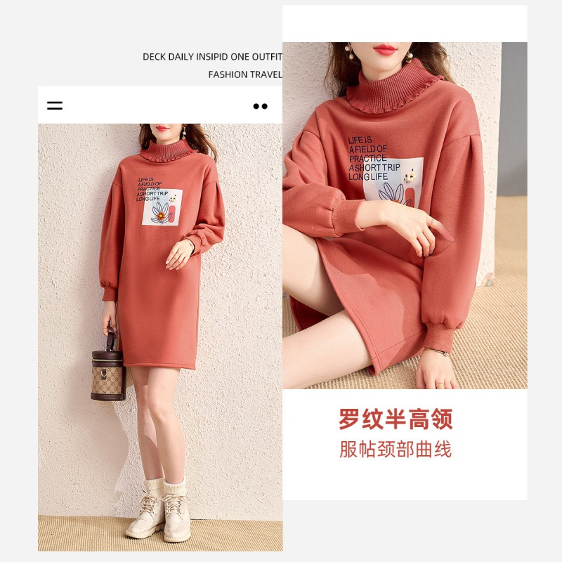 OUNIXUE欧昵雪 | [加绒半高领卫衣裙]冬季慵懒风套头长袖休闲中裙连衣裙女