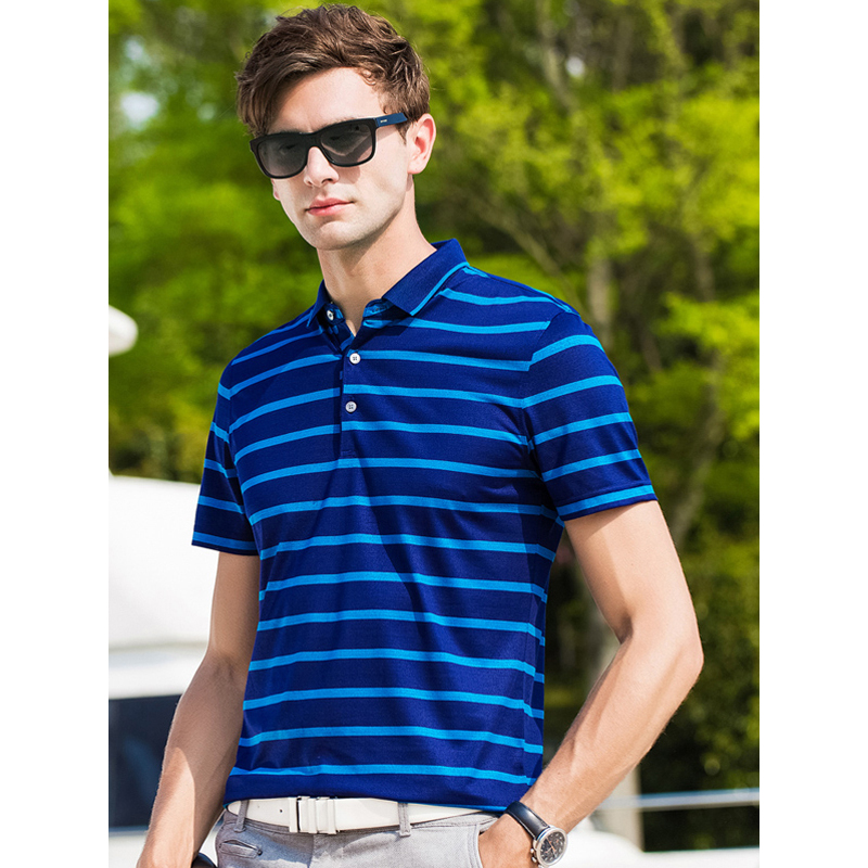 雅鹿男士2019新款夏季含桑蚕丝短袖t恤男中年翻领半袖体恤