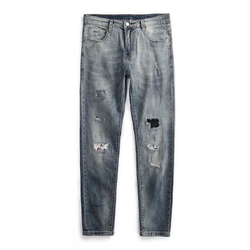 Ceba精神社会小伙春夏浅色韩版个性补丁牛仔长裤百搭个性跑男式牛仔裤图片