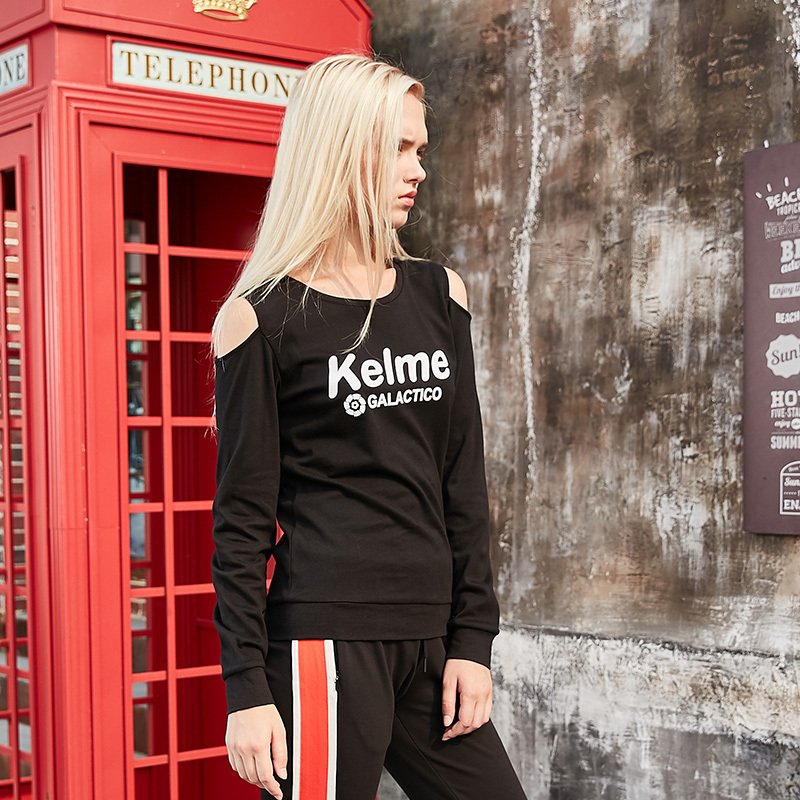 KELME/卡尔美 创意镂空露肩T恤女性感显瘦学生纯棉字母印花T恤潮