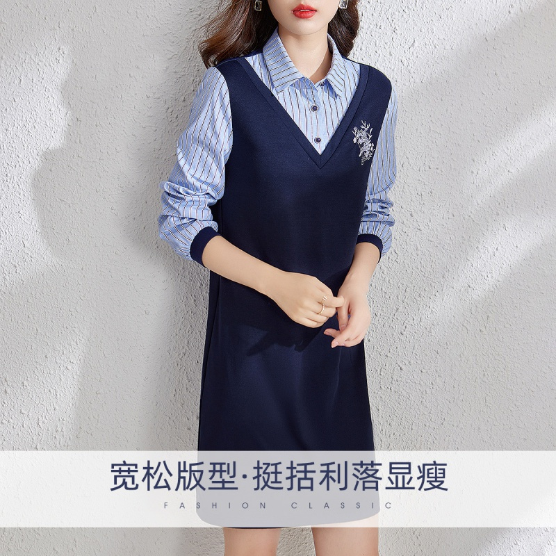 OUNIXUE欧昵雪 | [假两件拼接卫衣裙]春季时尚条纹翻领绣花长袖宽松连衣裙女