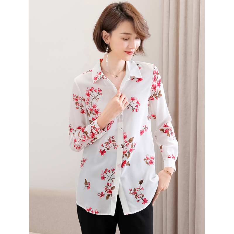 恒源祥女士桑蚕丝衬衫2020夏新款衬衫女桑蚕丝印花长袖衬衣时尚洋气