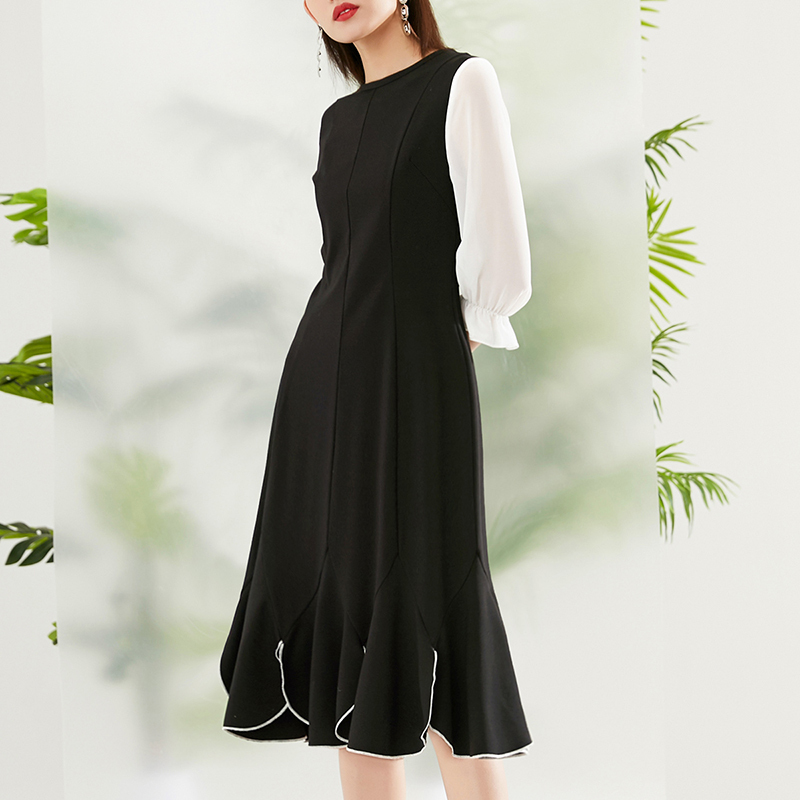 晚白2021春季新品时尚淑女减龄圆领修身高腰A字假两件连衣裙女