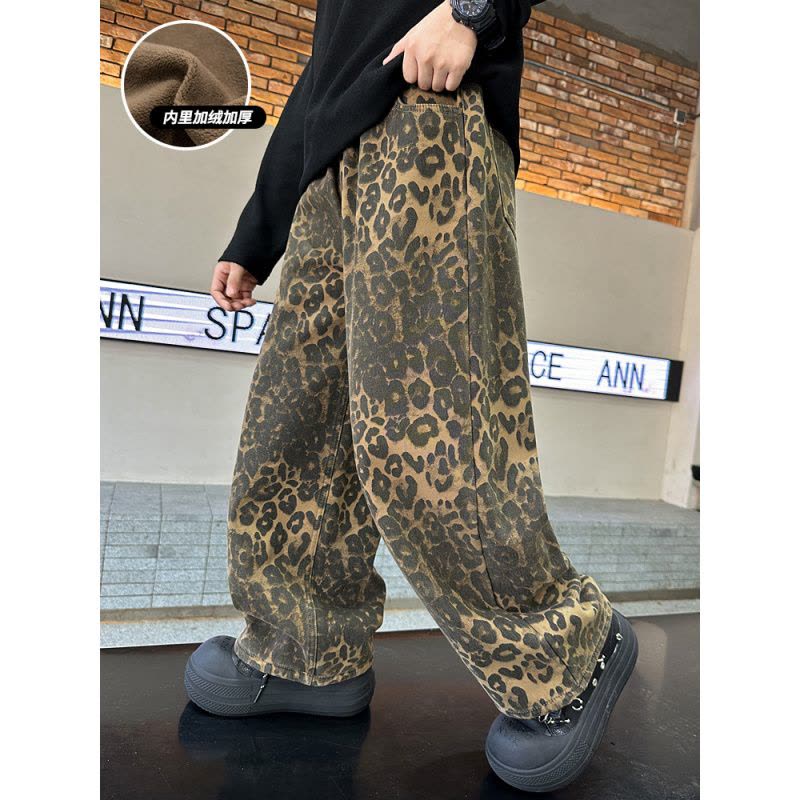 男童秋冬装加绒裤子新款豹纹休闲长裤儿童冬季保暖痞帅直筒裤图片