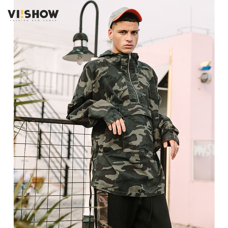 viishow夹克男潮牌春秋季套头迷彩外套连帽情侣上衣宽松