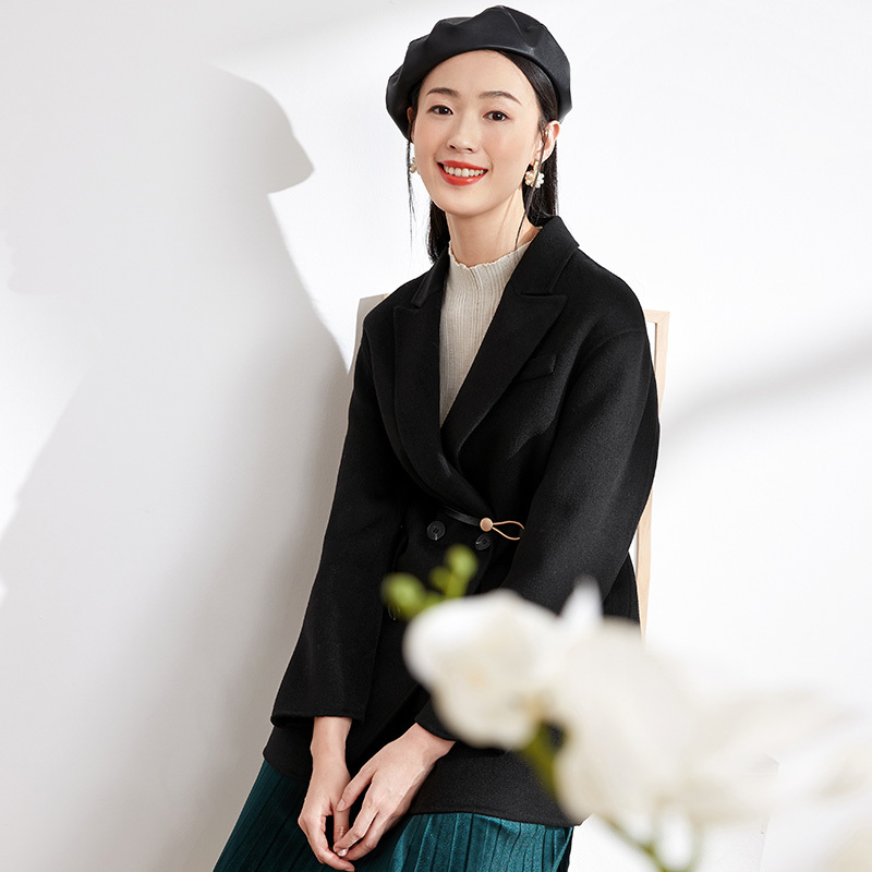 三彩2020冬季新款驳领双排扣时髦双面呢大衣外套女