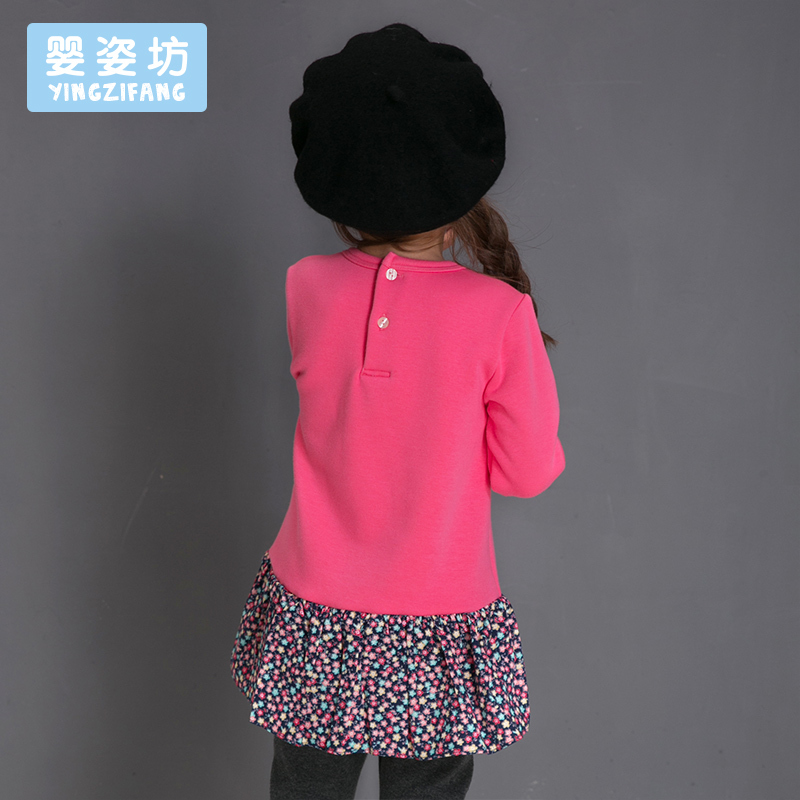 婴姿坊童装 女童加绒长裙时尚拼接碎花边连衣裙圆领长袖