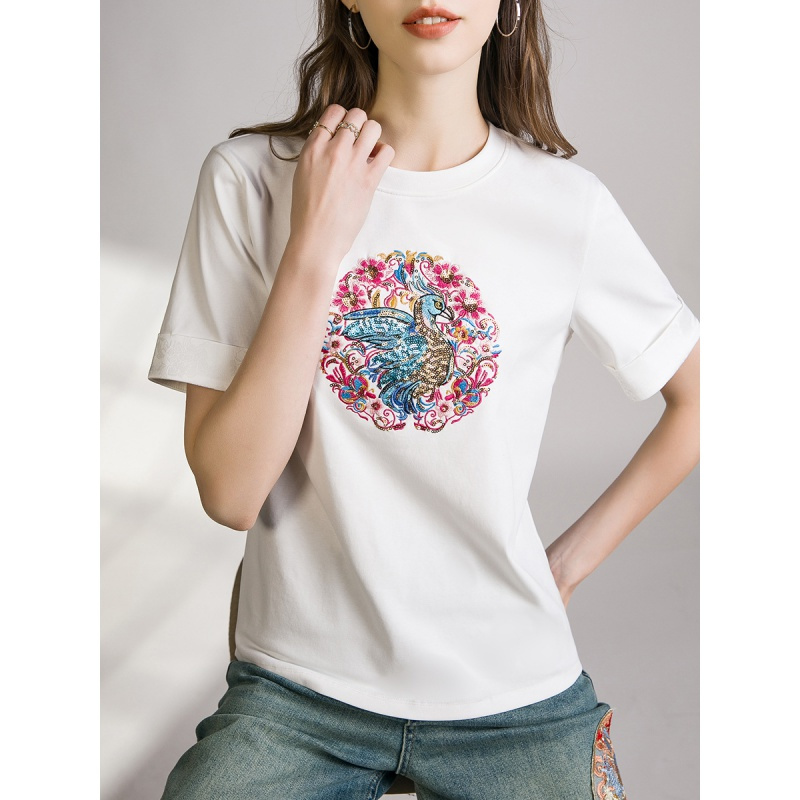 白色新中式国风短袖t恤女新款春夏季设计感小众刺绣打底衫ins