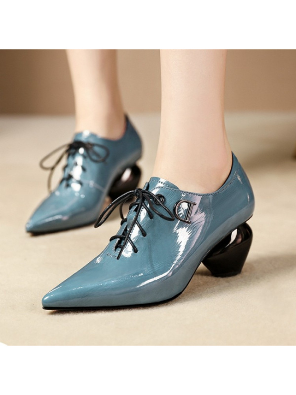 格瑞迪欧 头层牛皮2019新款系带粗跟单鞋中跟尖头百搭女鞋真皮休闲高跟鞋106-4