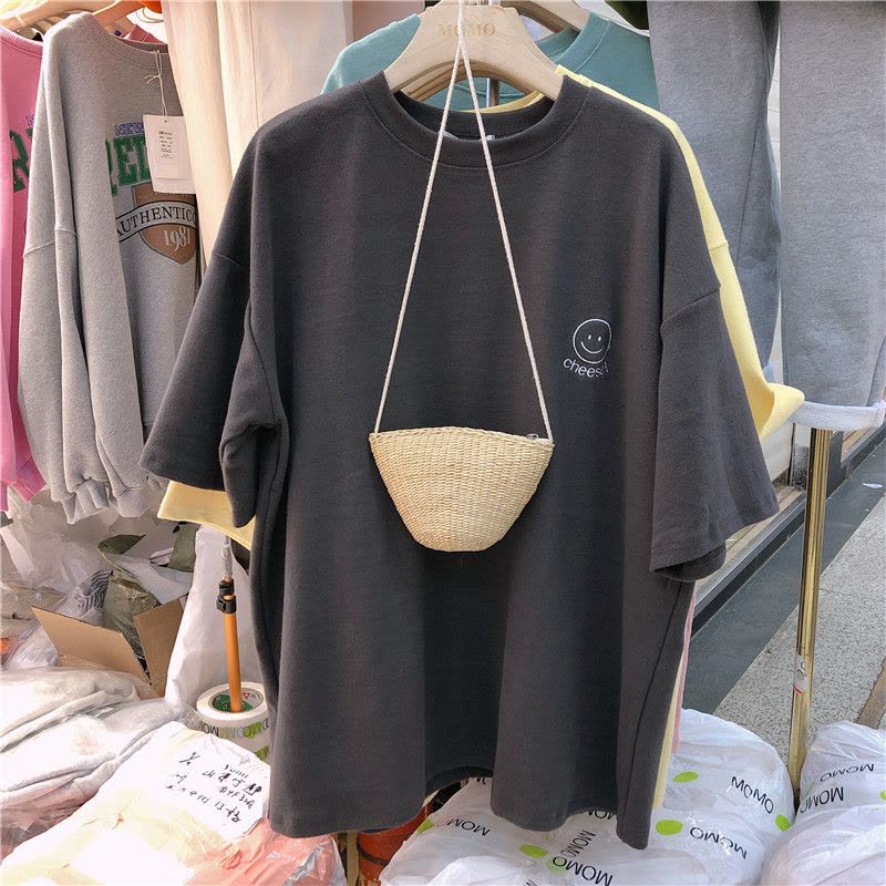 笑脸刺绣夏季韩版新款短袖T恤女宽松打底衫上衣韩国女装图片