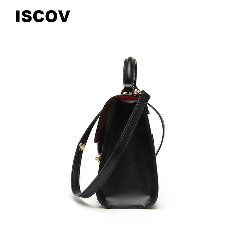 ISCOV时尚挂饰真皮手提包女 翻盖金属扣单肩斜挎包