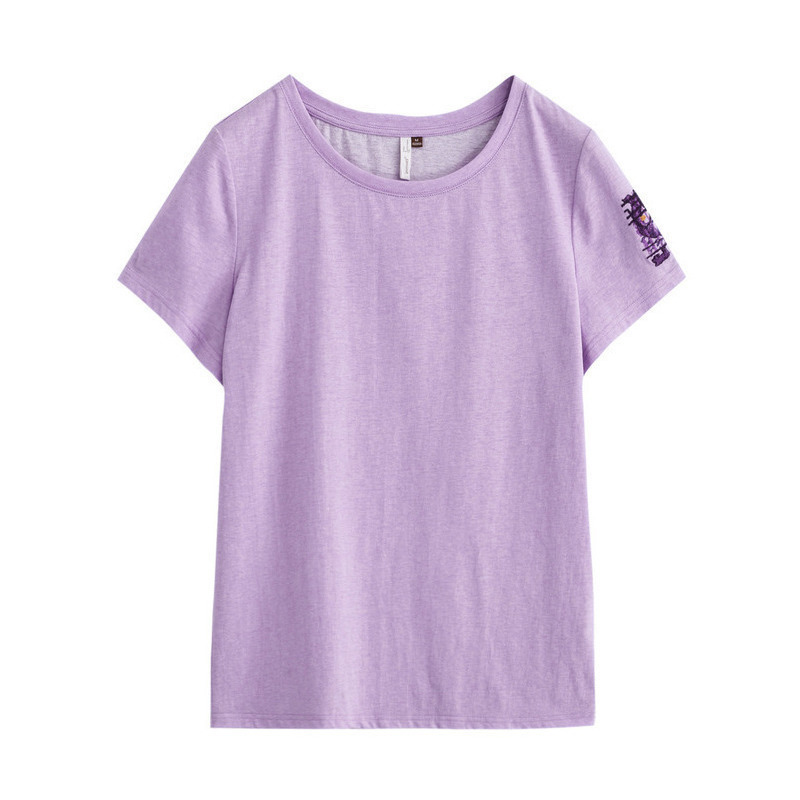 茵曼t恤2019夏装新款纯棉圆领短袖刺绣文艺休闲宽松紫色上衣女