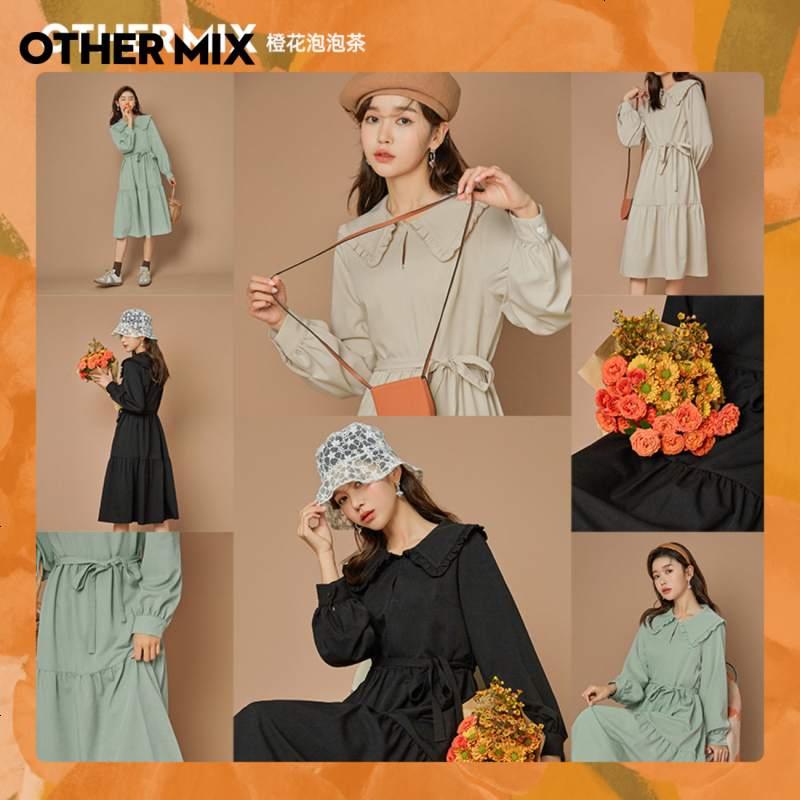 OtherMix娃娃领连衣裙橙IP联名2021年新款初春显瘦打底黑色长裙女