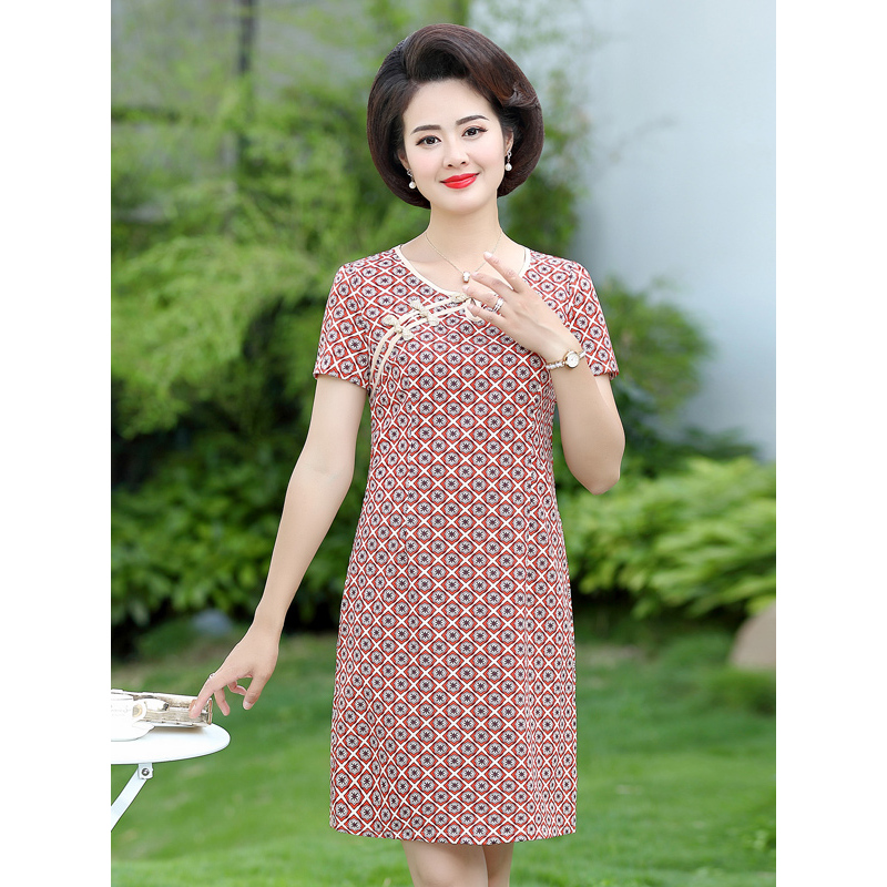 蓝旗blueg妈妈装夏装新款短袖连衣裙旗袍风格中老年夏高贵中年女裙子