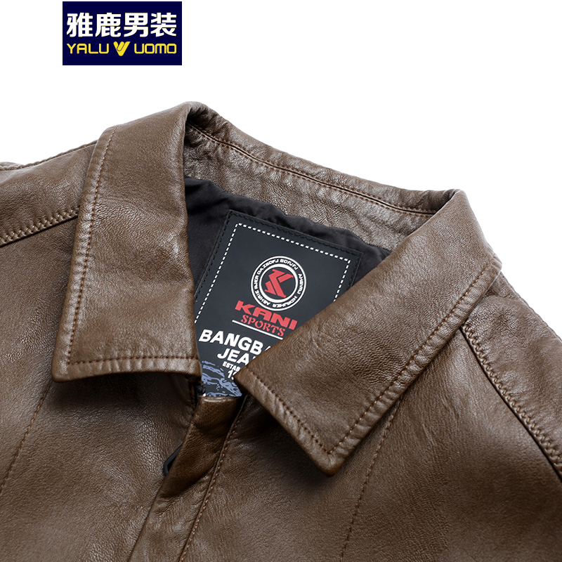 雅鹿男装皮衣男薄款2018秋季新品中年翻领商务休闲爸爸皮夹克外套