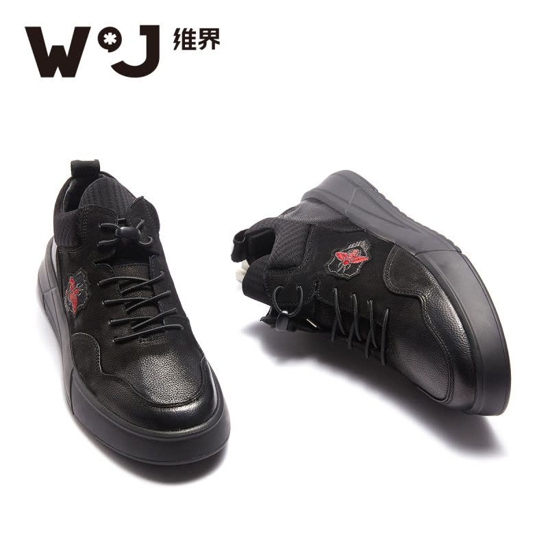 维界男鞋韩版精神小伙鞋真皮休闲鞋潮运动个性港风低帮黑色板鞋潮图片