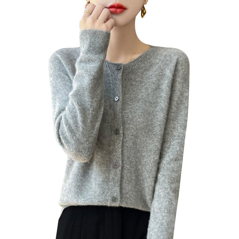 桂花针针织衫开衫女秋冬新款韩版圆领外搭打底衫纯色宽松外套毛衣图片