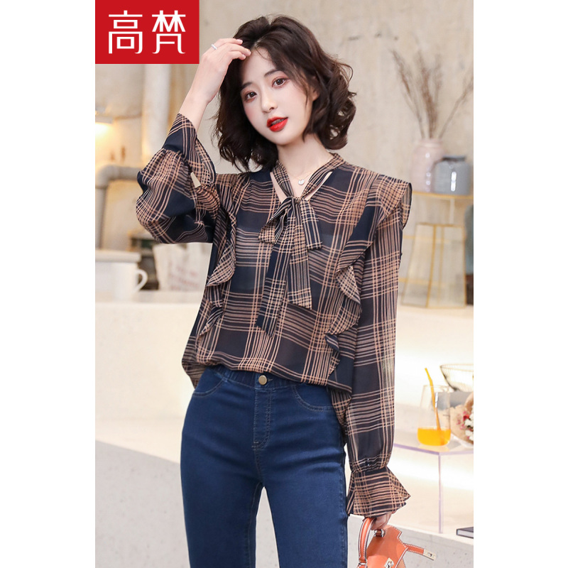 高梵衬衫女2020春季新款长袖荷叶边蝴蝶结设计感上衣气质格子衬衫