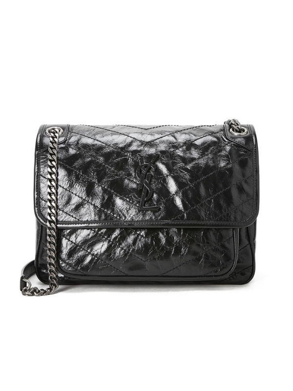 圣罗兰YSL NIKI 口盖包中号 字母LOGO褶皱皮633158银链 女士斜挎单肩包