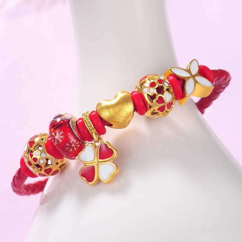 蒂蔻时尚爱心形黄金手链女款硬金四叶草红色手绳七夕情人节表白生日送