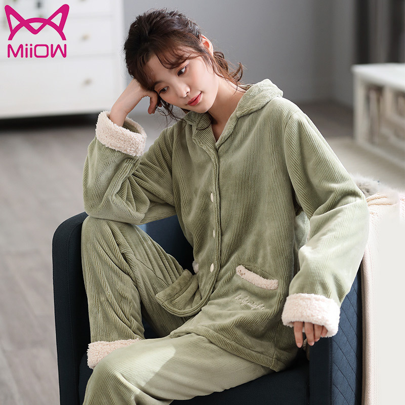 猫人秋冬珊瑚绒睡衣女长袖加厚保暖韩版宽松法兰绒家居服套装春
