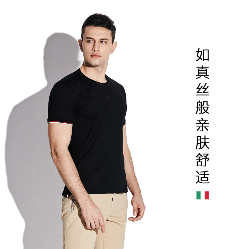 GIOVANNI ALESSASNDRO GA男装黑白色短袖T恤夏圆领印花纯棉体恤衫