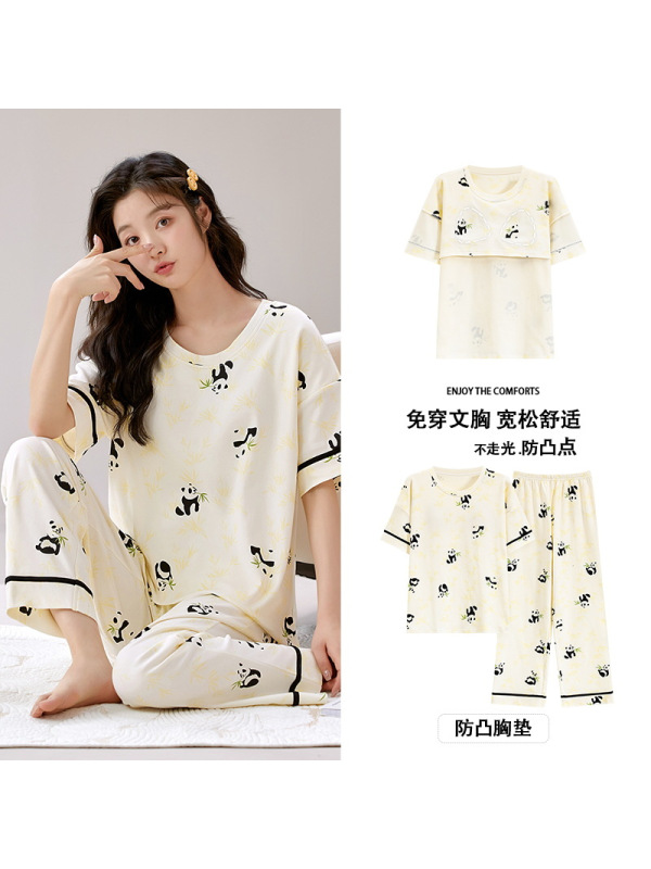 睡衣女夏季一体式带胸垫棉质短袖套装可爱休闲家居服加大码可外穿