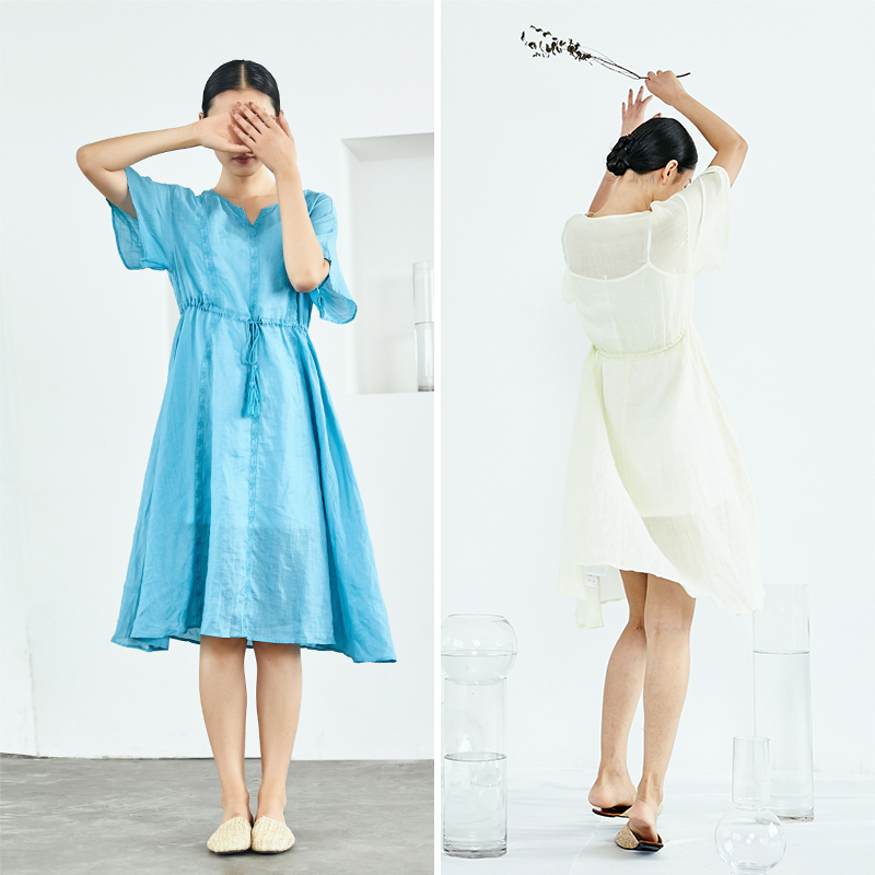 茵曼2019夏装新款纯色苎麻精致提花吊带内搭文艺两件套连衣裙女