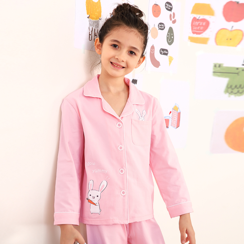 红豆居家(Hodohome)春夏女童棉氨清新可爱长袖睡衣套装儿童家居服套装