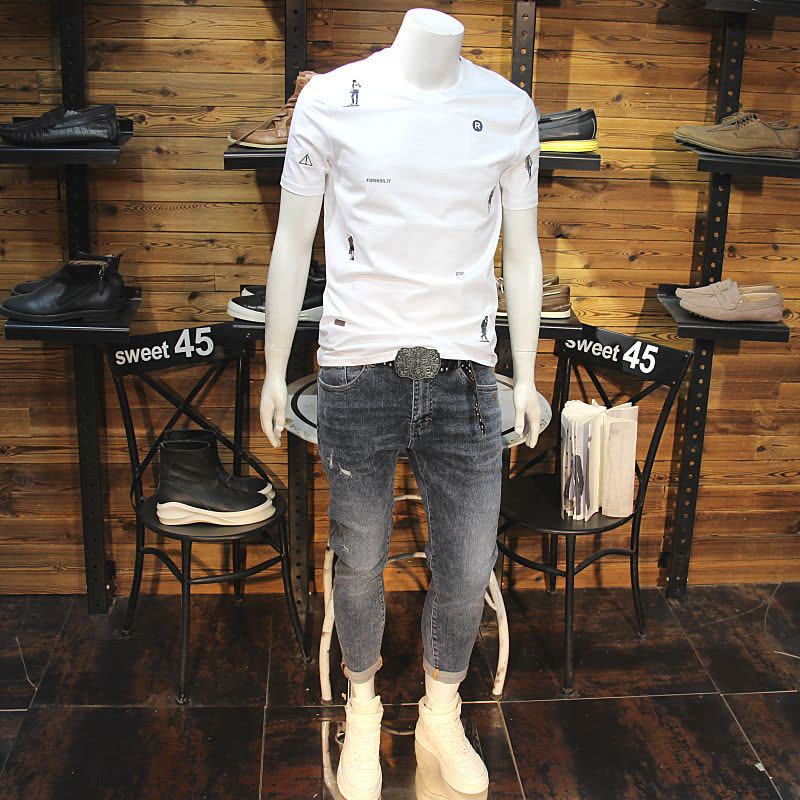 Ceen Bulled夏季丝光棉男T恤全身小人刺绣2022修身圆领弹力短袖青年帅气半袖图片