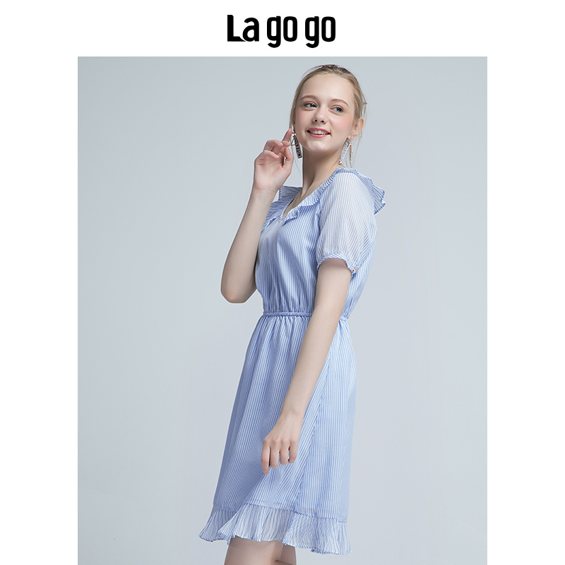 Lagogo2018夏秋季新款时尚V领小清新短袖条纹连衣裙女荷叶边仙女裙_1 155/S/36 蓝白