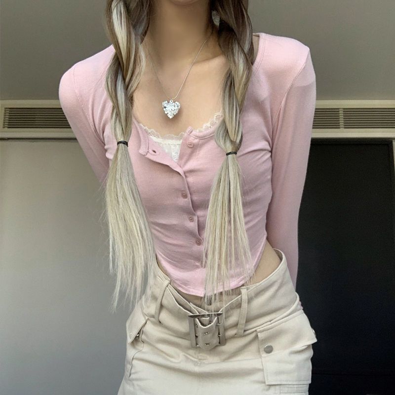 粉色纯欲蕾丝薄款女装假两件拼接低领减龄显白辣妹长袖上衣春秋季