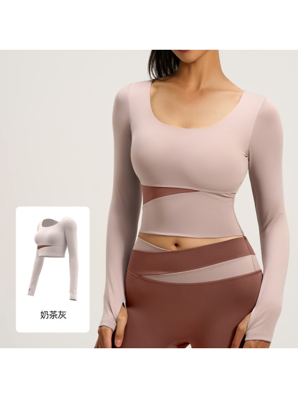 蜜桃拼色长袖瑜伽服上衣裸感显瘦运动跑步健身上衣女