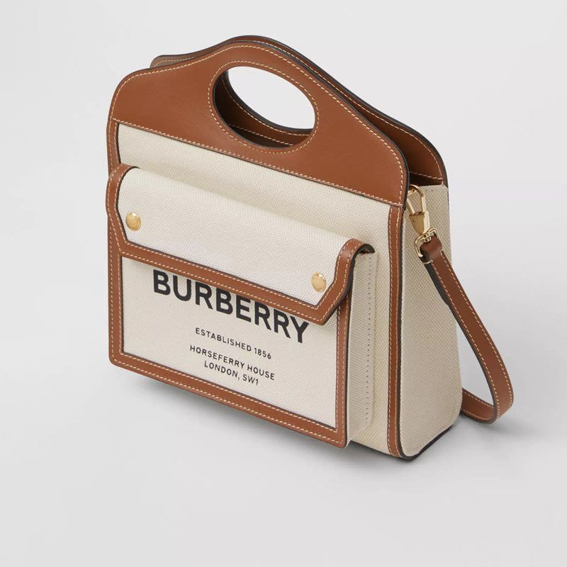 【预售4周左右发货】BURBERRY/博柏利 迷你双色帆布拼皮革口袋包图片