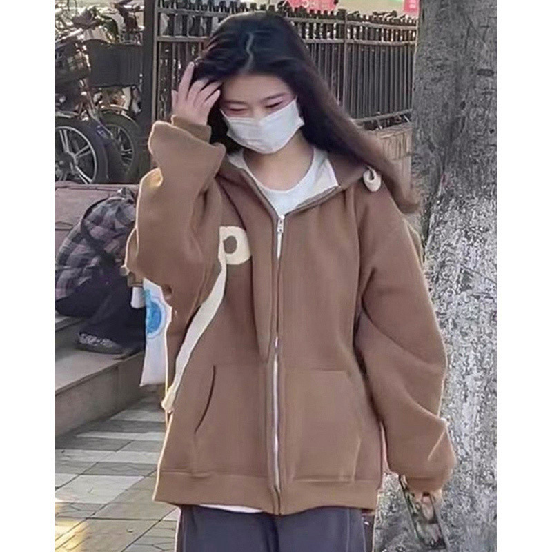 奶杏色卫衣女秋季新款宽松上衣拉链开衫连帽薄款外套女ins潮