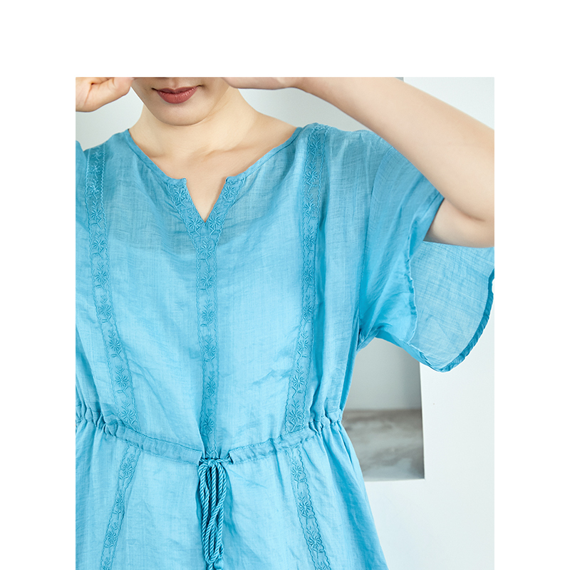 茵曼2019夏装新款纯色苎麻精致提花吊带内搭文艺两件套连衣裙女