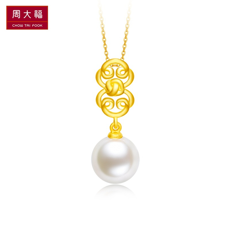 新款周大福珠宝首饰盘扣系列如意扣足金黄金珍珠吊坠r23717