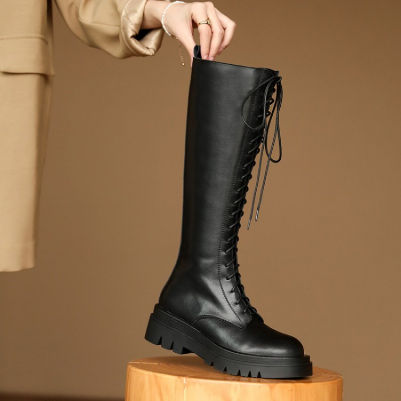 格瑞迪欧厚底骑士靴女女高筒靴新款马丁靴女系带拉链靴中筒靴6099