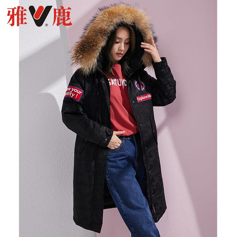 yaloo/雅鹿情侣中长款2018羽绒服女貉子大毛领新款加厚连帽鹅绒服图片