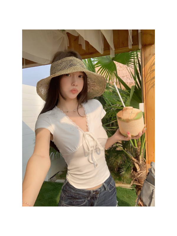 蝴蝶结绑带V领蕾丝花边T恤纯欲风设计百搭短袖夏季修身短款上衣女