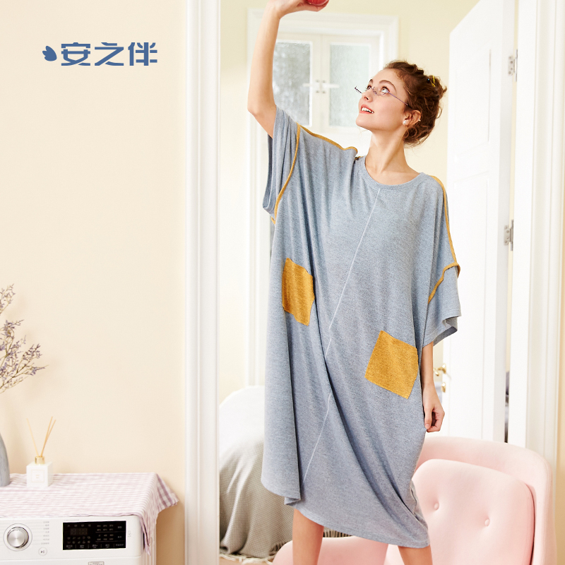 安之伴睡衣女夏薄款简约纯色短袖宽松中长睡裙韩版休闲家居服大码