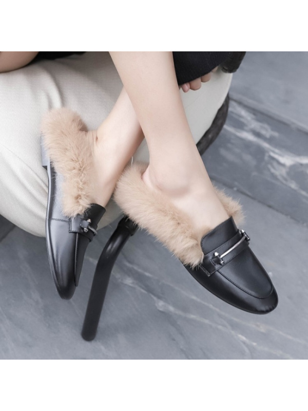 格瑞迪欧 真皮包头半拖鞋女潮2018新款毛毛拖懒人兔毛拖鞋外穿鞋冬穆勒鞋K7013-1