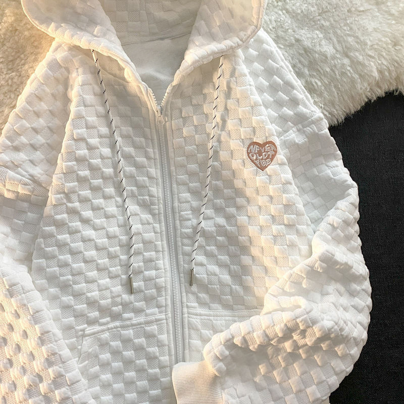 华夫格外套oversize美式宽松bf慵懒风灰色卫衣连帽棒球服女春秋装