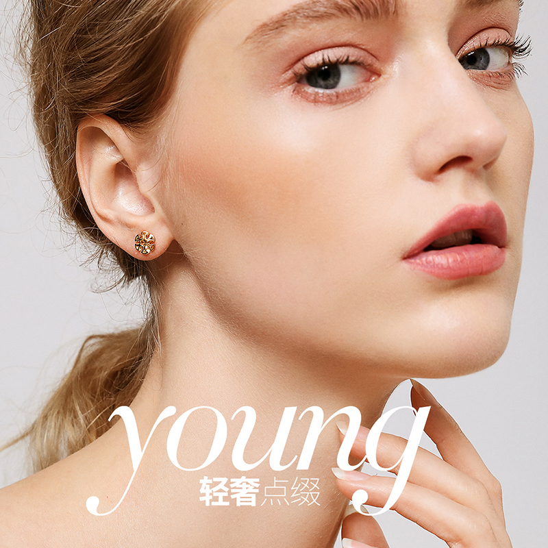 佰色传情18K金耳饰女简约彩金耳钉车花Au750立体耳环送女友送闺蜜送朋友生日节日礼物