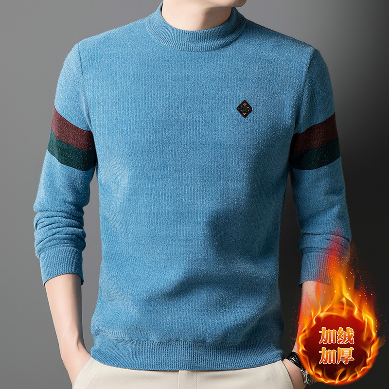 男士高档雪貂绒毛衣秋冬季加绒半高领纯色针织衫柔软中年线衣男装