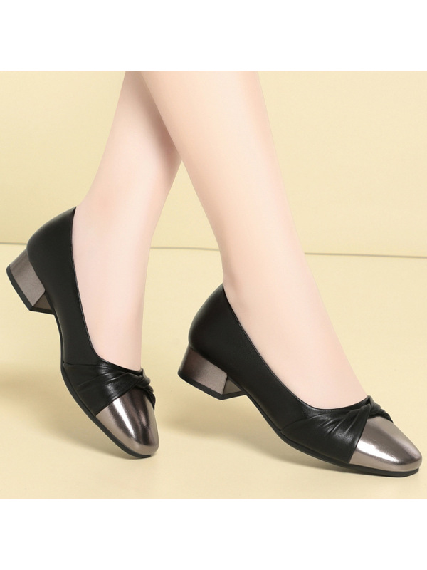 年新款蝴蝶结小香风单鞋低跟浅口拼色女鞋