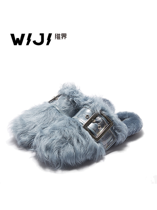WIJI2018秋冬新款时髦潮流女单鞋休闲舒适羊卷毛金属环扣平底女鞋